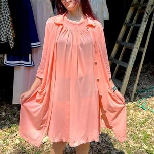 60s henson kickernick peach nylon 2 piece peignoir sleep set